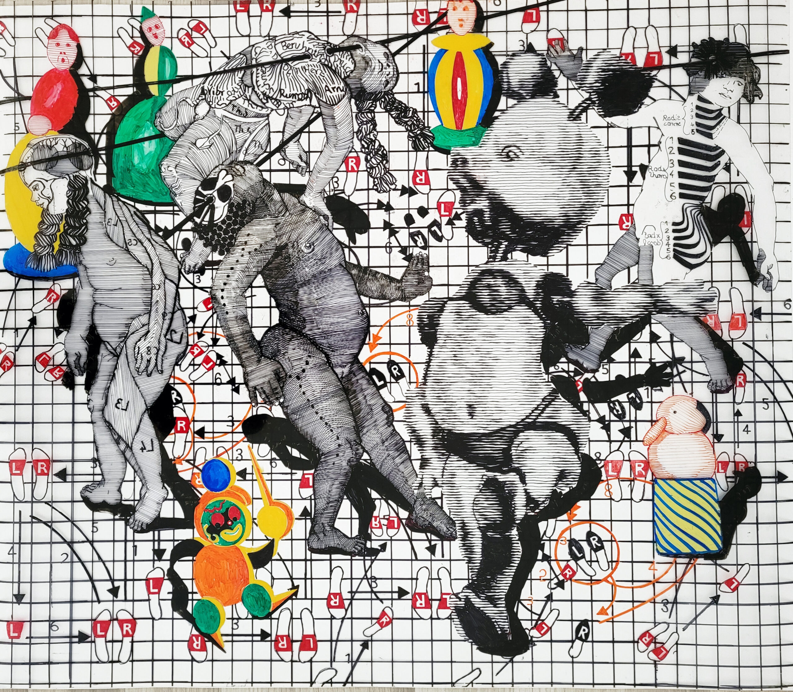 Kunst Reinickendorf - Cornelia Renz, Totentanz–Guidelines, 2024, Pigmentstift auf Folie, 70 × 80 cm, © Cornelia Renz, VG Bild-Kunst, Bonn